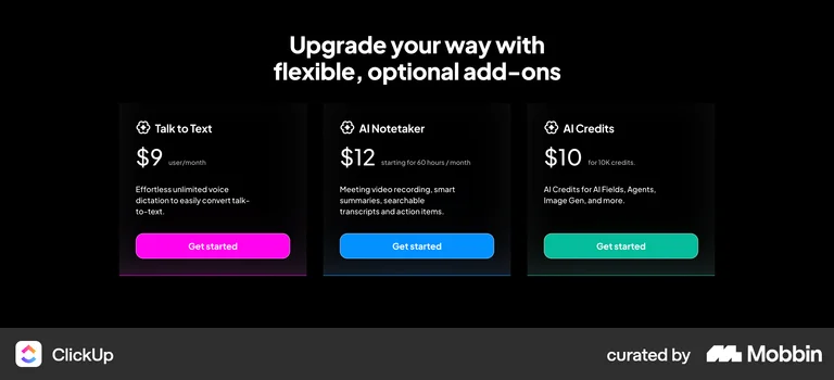 ClickUp dark vibrant add-on cards with big prices and gradient buttons