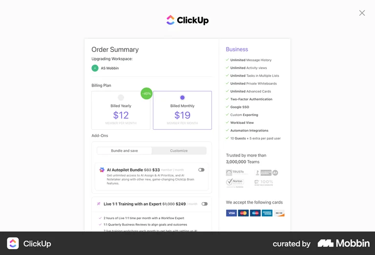 ClickUp checkout with add-on toggles, bundle and save, and strikethrough discounting