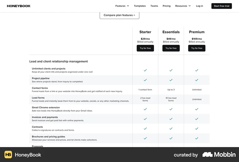 HoneyBook clean comparison table with $29, $49 and $109 tiers