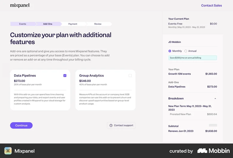 Mixpanel customize your plan with add-on checkboxes and a live order summary