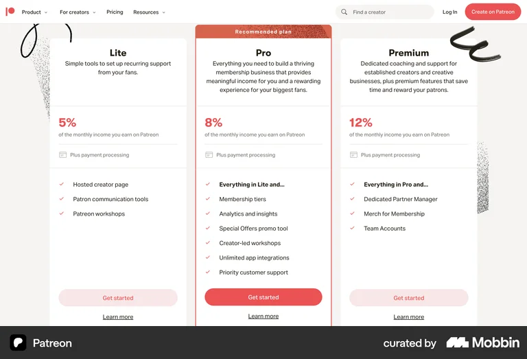 Patreon tiers priced as 5, 8 and 12 percent of revenue