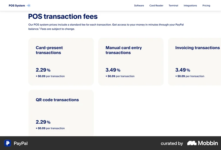 PayPal pricing showing 3.49% plus $0.09 per transaction in tidy cards