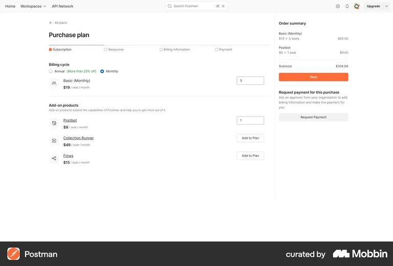 Postman base plan plus add-on products with quantity steppers and add to plan