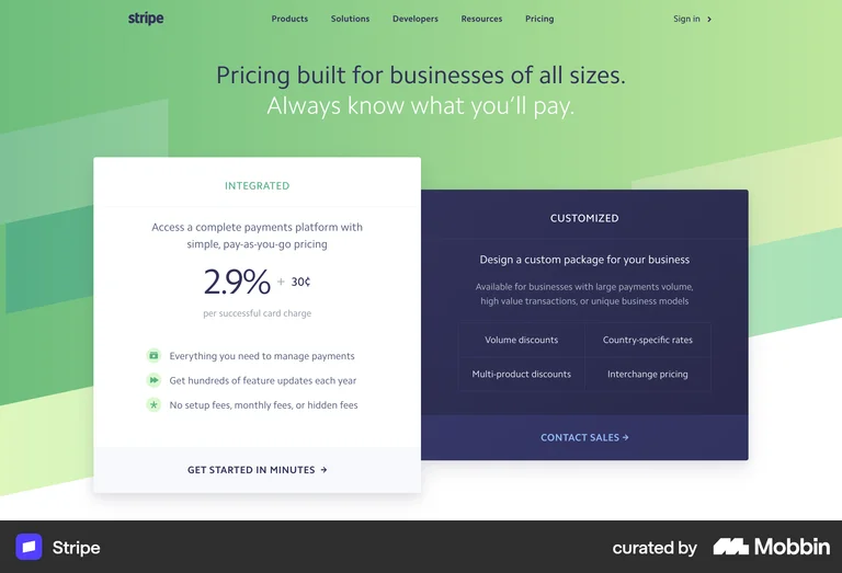 Stripe pricing showing 2.9% plus 30 cents per successful charge