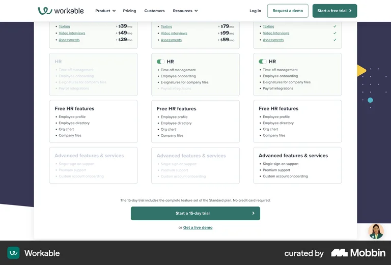 Workable add-ons shown as plus-priced line items inside each plan column